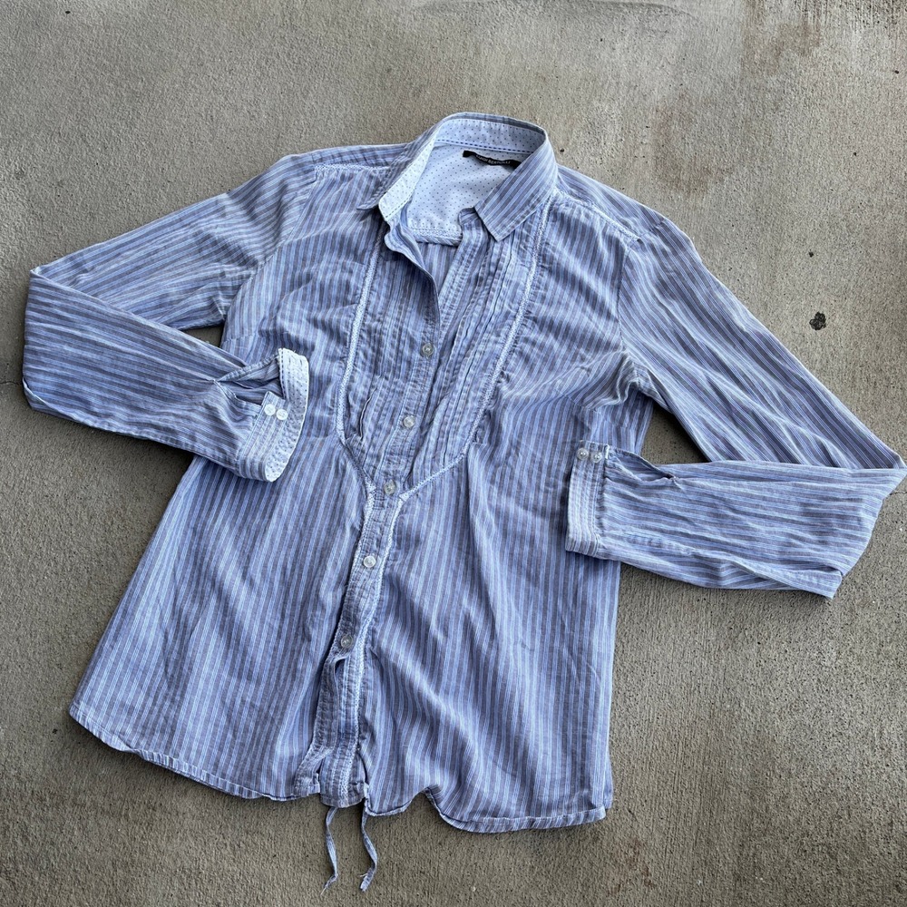 LUIGI BERTOLLI Striped Pintuck Lace Trim‎ Button Up Shirt Women Size 38 Medium